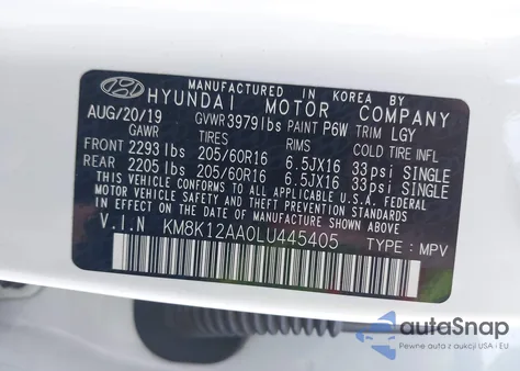 2020 Hyundai Kona Se из США, поврежденный, VIN KM8K12AA0LU445405